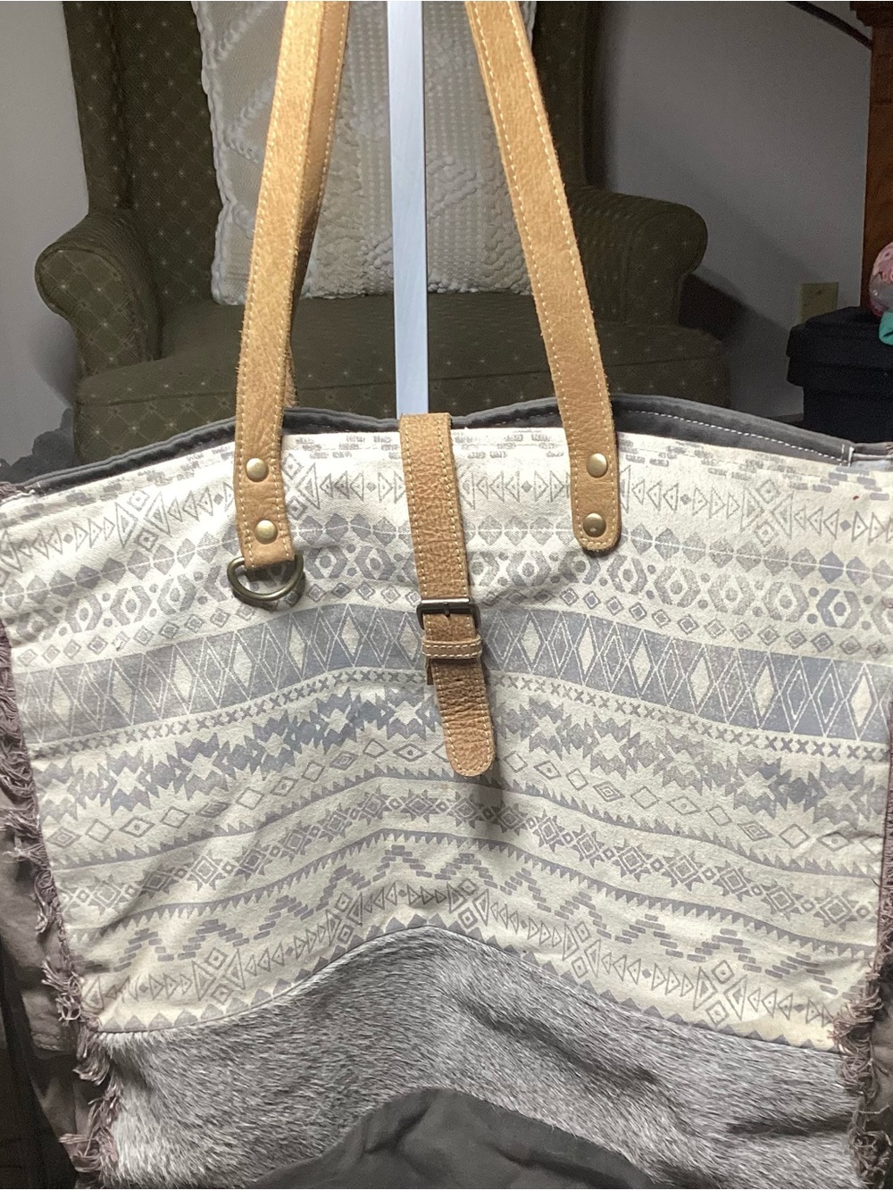 Myra Bag Cream and Tan Boho Tapestry Tote with Fringe
